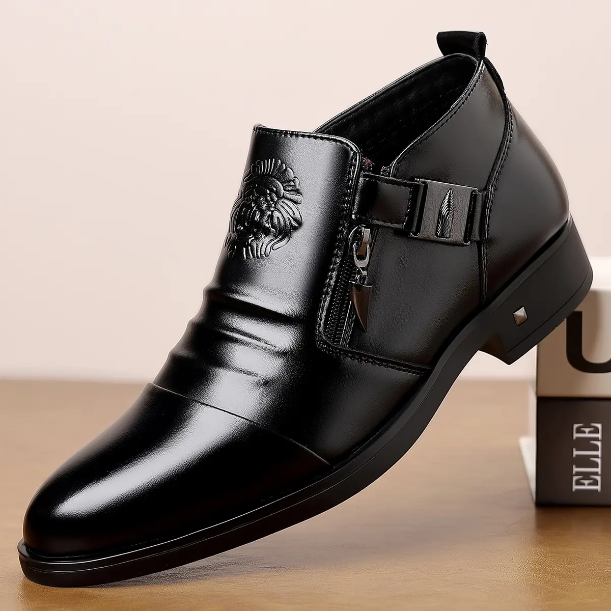 Men's Ankle Dress Boots,ZIpper Slip-On Leather Shoes with Stylish Embossed Design