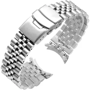 Stainless Steel Curved Ends Tapered 20mm 22mm 23mm 24mm Metal Watch Band Flexible Watch Strap Replacement Bracelet Deployment Double Flip Lock Buckle Sier Black