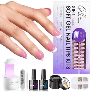 Gellen French Tips Gel X Nail Kit - Pink Short Square Press on Nails French Tip Gel Nail Kits Including Gel Top Coat and Base Coat, UV Lamp, Solid Nail Glue Gel