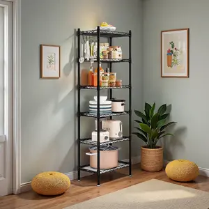 6 Tier Black Metal Storage Rack Shelving Unit Organizer for Kitchen Laundry Garage Bathroom Pantry Closet Office Adjustable Hanging