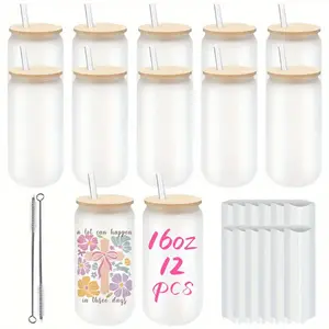 Borosilicate Glass 16oz Frosted Glass Sublimation Tumbler Cups 12 Pack with Bamboo Lids and Reusable Straws for Hot Beverages and Juices - Washable Drinkware Bottle Water Bottles Portable Bottled