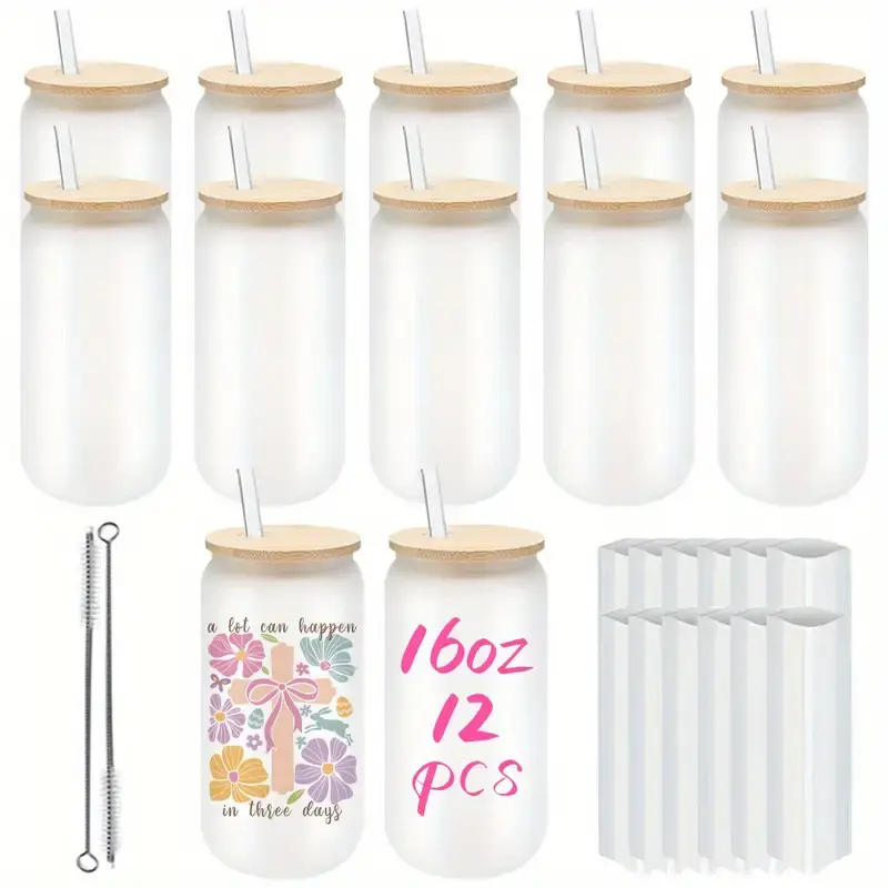 12-Pack Borosilicate Frost Glass Sublimation Tumblers - 500-1000ml, 16oz, Round Shape, Bamboo Lids, Reusable Straws, Washable Portable Kitchen Drinkware for Hot Drinks, Juices, Sublimation Tumbler, 500-1,000 Ml