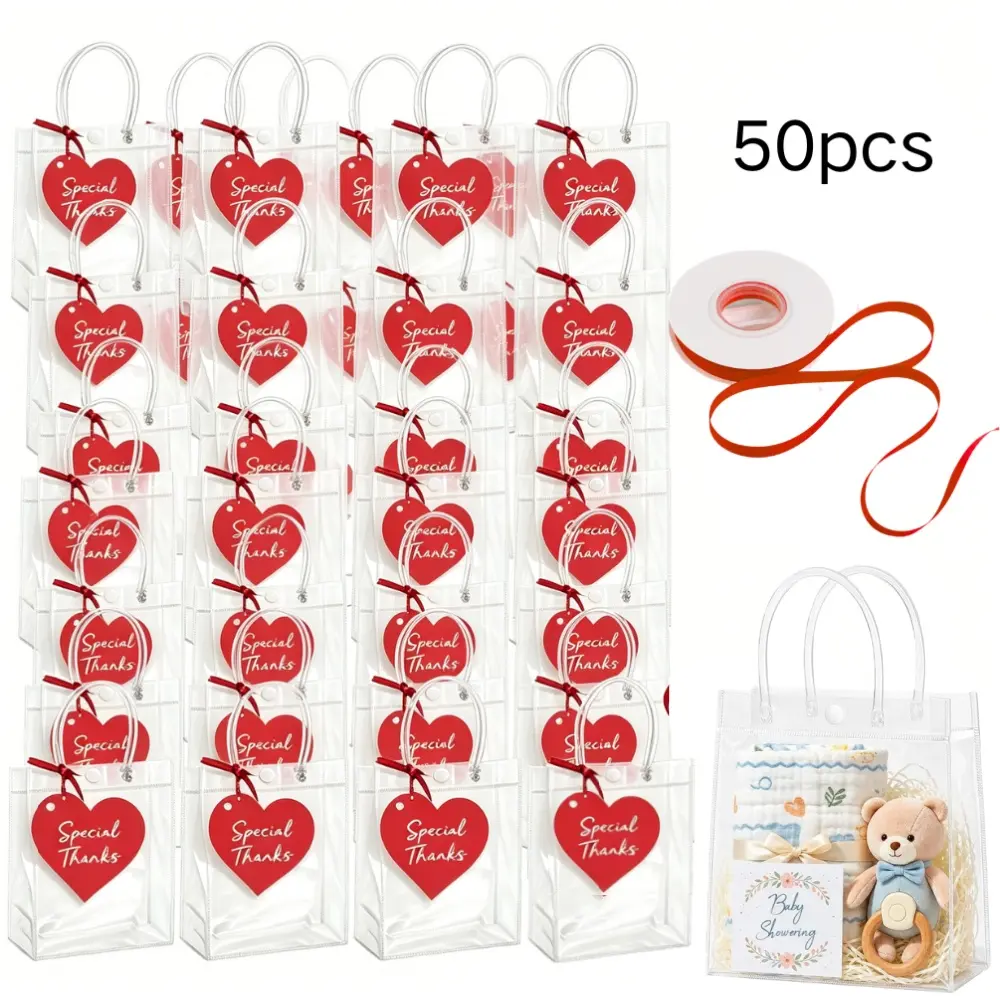 50 pcs Clear Plastic Gift Bags Small Plastic Party Favors Bags Includes Gift Tags & Ribbon for Party Favors Birthdays Weddings