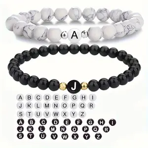 Couple Jewelry Initial Bracelet 26 Letter White Turquoise Black Onyx Beaded Bracelet Gifts For Best Friend & Couple