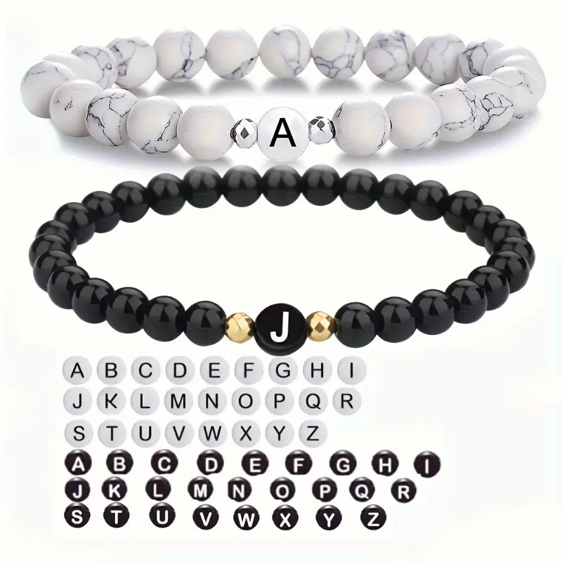 Couple Initial Beading Jewelry - 26-Letter White Turquoise & Black Onyx Friendship-Themed Bracelets & Bangles, Matching Letter Set Gift, gg2501918, Matching Friendship Bracelets & Bangles, Valentine’s