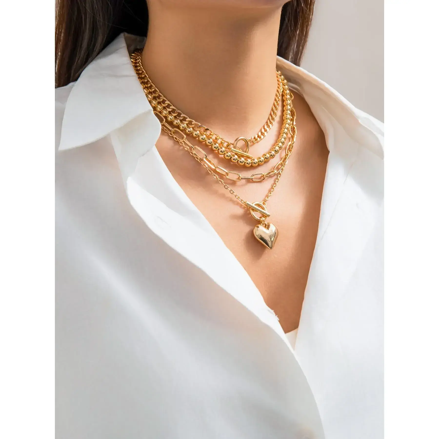 Women's punk style heart-shaped necklace and bead necklace, stackable collarbone chain, multi-layer necklace, fashionable buckle design matching necklace, fashionable full set jewelry as a gift for girlfriends, exquisite jewelry Women's punk style heart-shaped necklace and bead necklace, stackable collarbone chain, multi-layer necklace, fashionable buckle design matching necklace, fashionable full set jewelry as a gift for girlfriends, exquisite jewelry