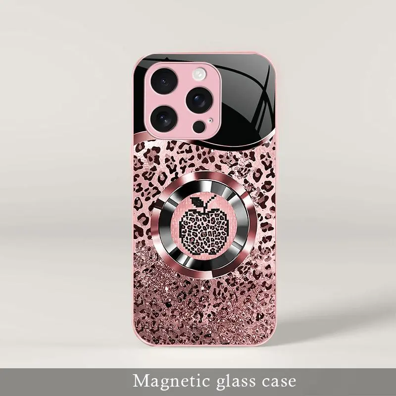 Trending “Affordable Luxury” Pink Glitter Mermaid Scale & Leopard Print MagSafe Glass Case for iPhone 16 Pro — 9435