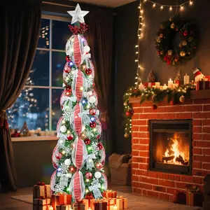6Ft Prelit Pop Up Christmas Tree with Lights, Collapsible Artificial Christmas Tree Decorations, Foldable Pre Decorated with Ribbon, Bows, Balls, Indoor Outdoor Holiday Party Xmas Decorations