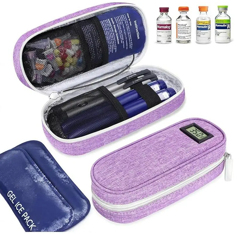Purple TSA-Approved Insulin Cooler Case - Ice Retention Cooler, Real-Time Temp Display, 2 Ice Packs, 2 Elastic Straps, 8.64x4x2.64 In, Lightweight Thermal Storage Bag for Diabetics, Holds Travel Jewelry Case, Travel Essential
