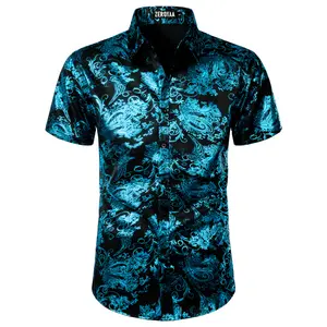 ZEROYAA Men's Luxury Paisley Shiny Printed Slim Fit Short Sleeve Button Up Dress Shirt