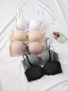 Women's Solid Color Padded Push Up Bra, Comfortable Breathable Lace Trim Bra, Non-removable Pads Provide Extra Support, Lingerie for All Seasons