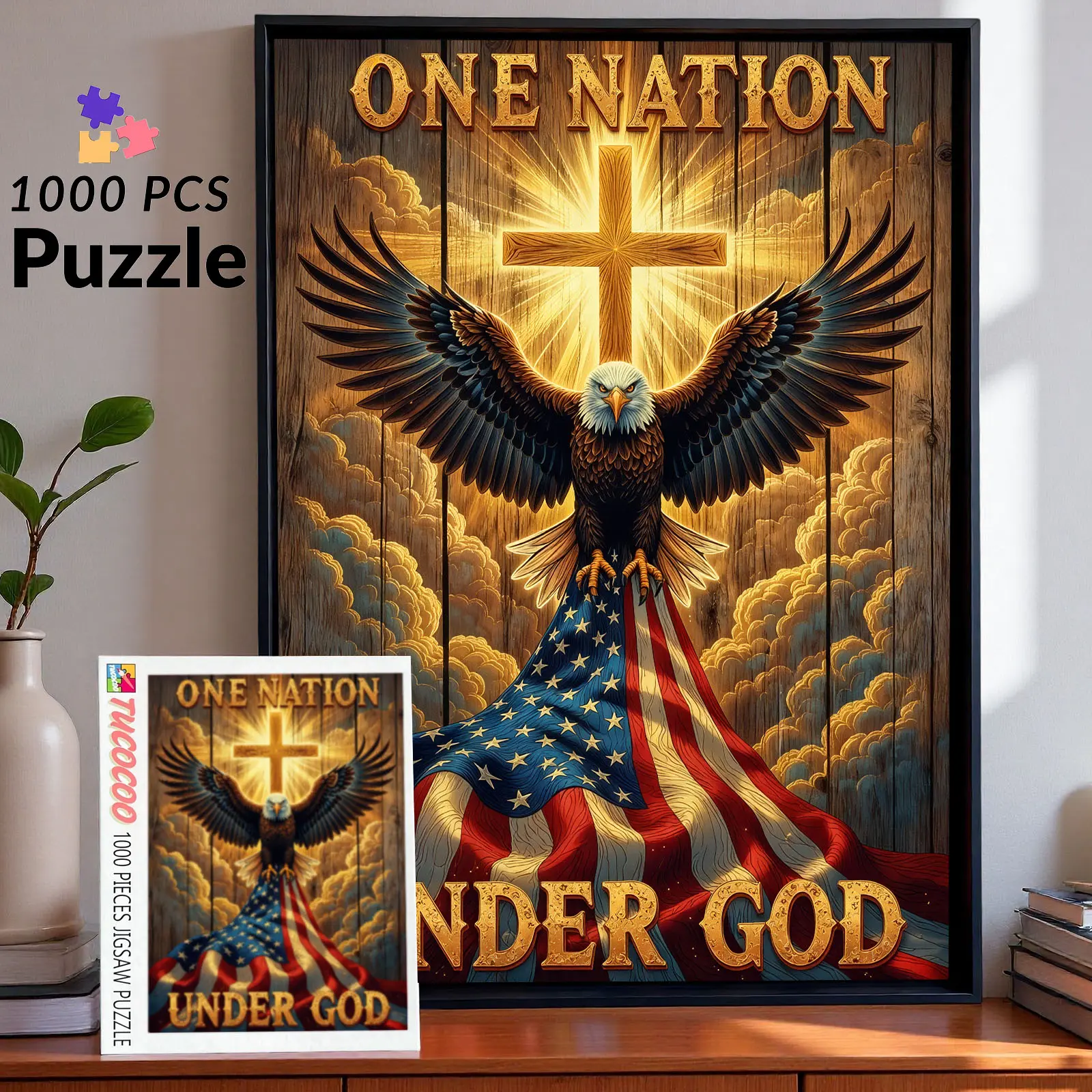 1000-Piece Patriotic Eagle Cross American Flag Decorative Jigsaw Puzzle for Adults - Vintage Wood Style, Faith Art Theme, Relaxation Activity, 27.5x20 inches (70x50cm) Wall Decor Gift