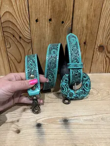 Adjustable Turquoise Tooled Leather Purse Strap!