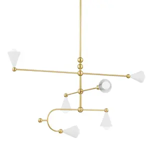 Hikari 6-Light Sputnik Chandelier with Aged Brass Structure and Conical Soft White Shades