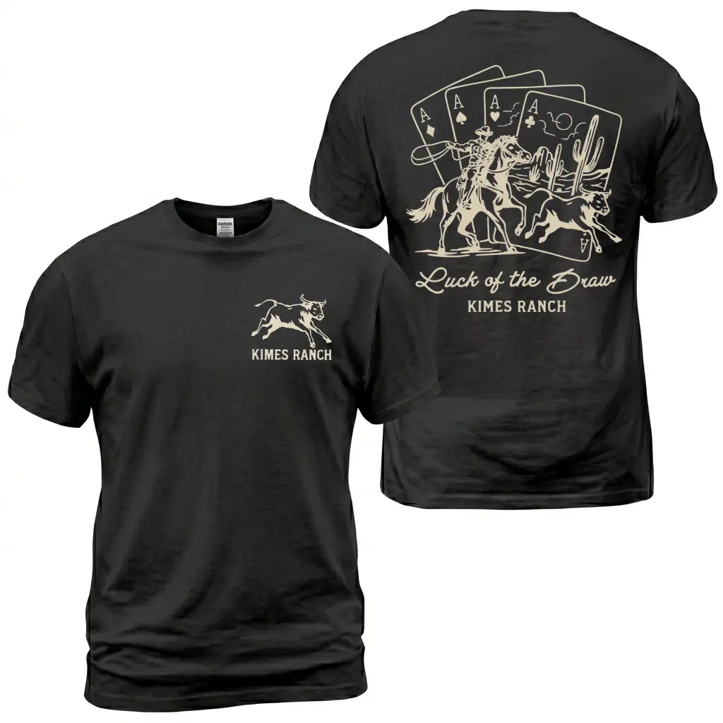 Kimes Ranch Luck Of The Draw Cowboy T-Shirt, Western Rodeo Graphic Tee With Playing Cards Horse Rider And Dog Back Print, Front Chest Kimes Ranch Logo Shirt, Country Ranch Lifestyle Apparel Gift for Men and Women