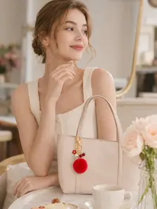 Cute Cherry Pom Pom Keychain Bag Charm for Women Girls, Plush Ball Pendant with Flower and Pearl Details for Backpack Wallet Handbag and Car Keys, Romantic Valentine is Day Gift for Mom Wife Girlfriend Birthday Style