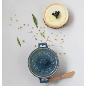 Stoneware Brie Baker with Bamboo Spreader - Blue - 7-in