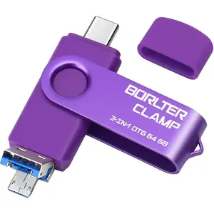 64GB 3 in 1 USB 3.0 Flash Drive Photo Stick for Android Phones, BorlterClamp OTG Memory Stick with 3 USB Ports (USB C, microUSB, USB A) for Samsung Galaxy, LG, Tablets, PC and More, Purple