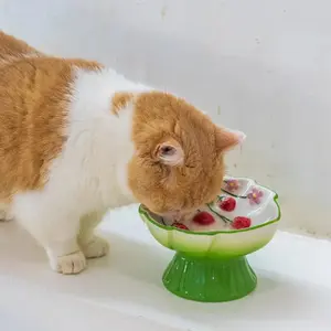 Ceramic Strawberry Slow Feed Bowl, High Feet Design, Anti-Gag and Anti-Spill, Neck Support for Cats and Kittens, Pet Feeding Solution