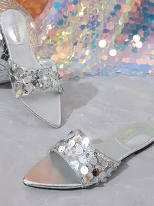 Women's Sequin Square Toe Sandals, Flat Heel One-Strap Summer Slippers, Casual Flat Sandals, Versatile and Stylish Outdoor Shoes, Perfect for Any Occasion