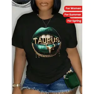 Casual Short Sleeve Cotton T-Shirt Featuring Taurus Letter Lips Graphic Print Perfect for Women Summer and Spring Outfits