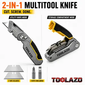 Folding Utility Cutter & Screwdriver Tool, Yellow Silver 2-in-1 Box Opener with Quick-Change Blade, Spare Blades, Phillips & Flathead Bits for Home Repair, DIY Projects, Cartons and Packaging