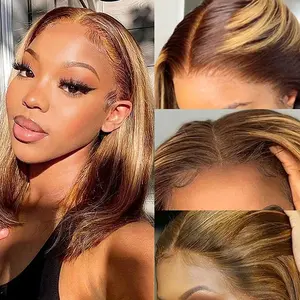 Highlight Bob Wig Human Hair Straight Glueless Wear And Go Wig 6x4 HD Transparent Lace Front Wigs 4/27 Colored Short Bob Wigs 100% Human Hair For Women