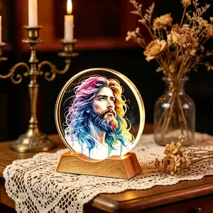 Colorful Watercolor Jesus Portrait LED Crystal Glass Lamp, Round Christian Table Lamp, Spiritual Home Decor, Unique Religious Gift for Faith Believers, Christian Art Decor for Office Desk