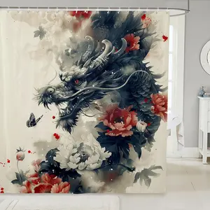Floral Dragon Shower Curtain Set,Asian Oriental Chinese Dragon Bathroom Curtain for Kids Adults,Vintage Fantasy Dragon Bathroom Set