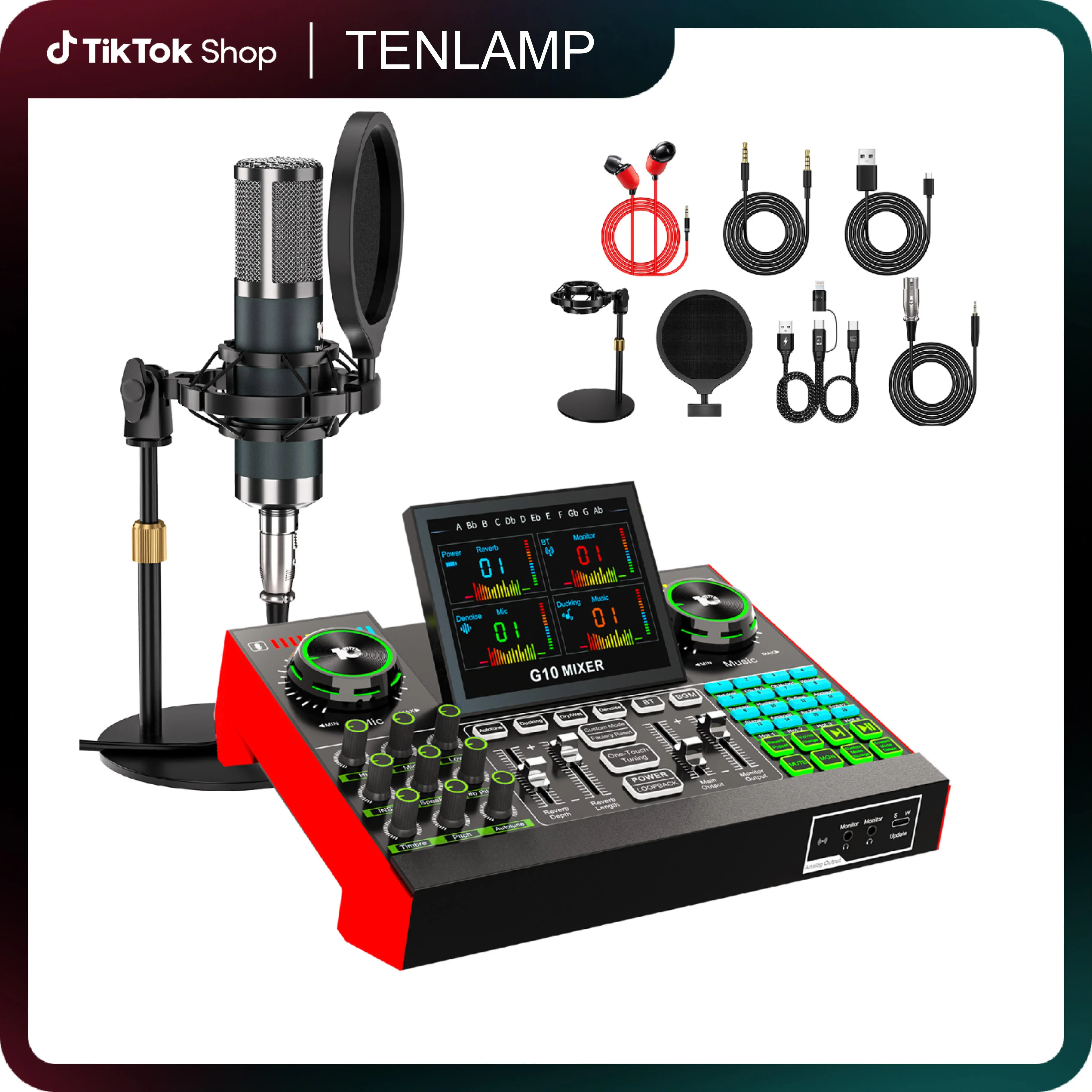 Tenlamp G10-Series Audio Mixer, Live Sound Card with XLR Microphone Connector, Professional Chipset, 48V Phantom Power Supply, One Touch Noise Reducti