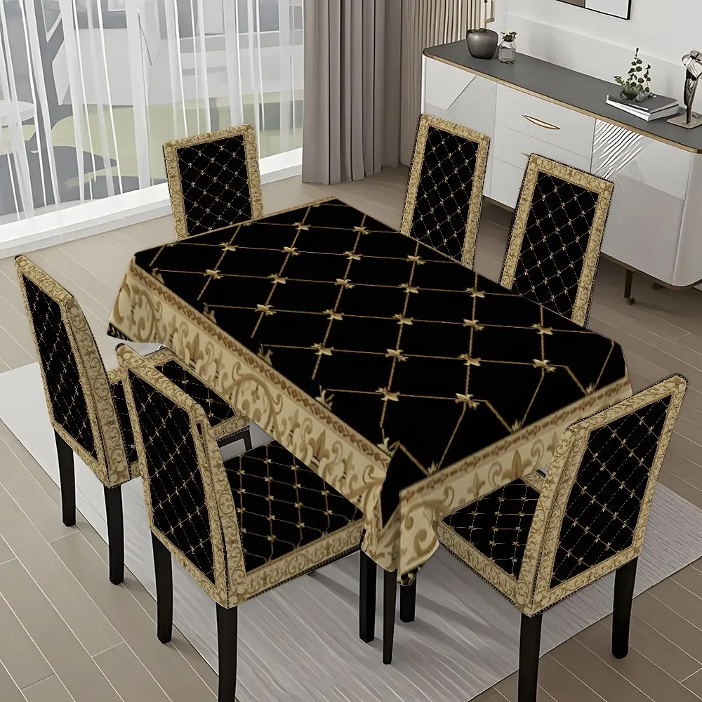 5/7-piece 2D Flat Printing Black and Gold Diamond Pattern Carpet Printing Pattern Tablecloth and Chair Covers For Dining Chairs Set, for dining table and chair decoration, perfect for home, holiday gatherings, restaurants, and parties.