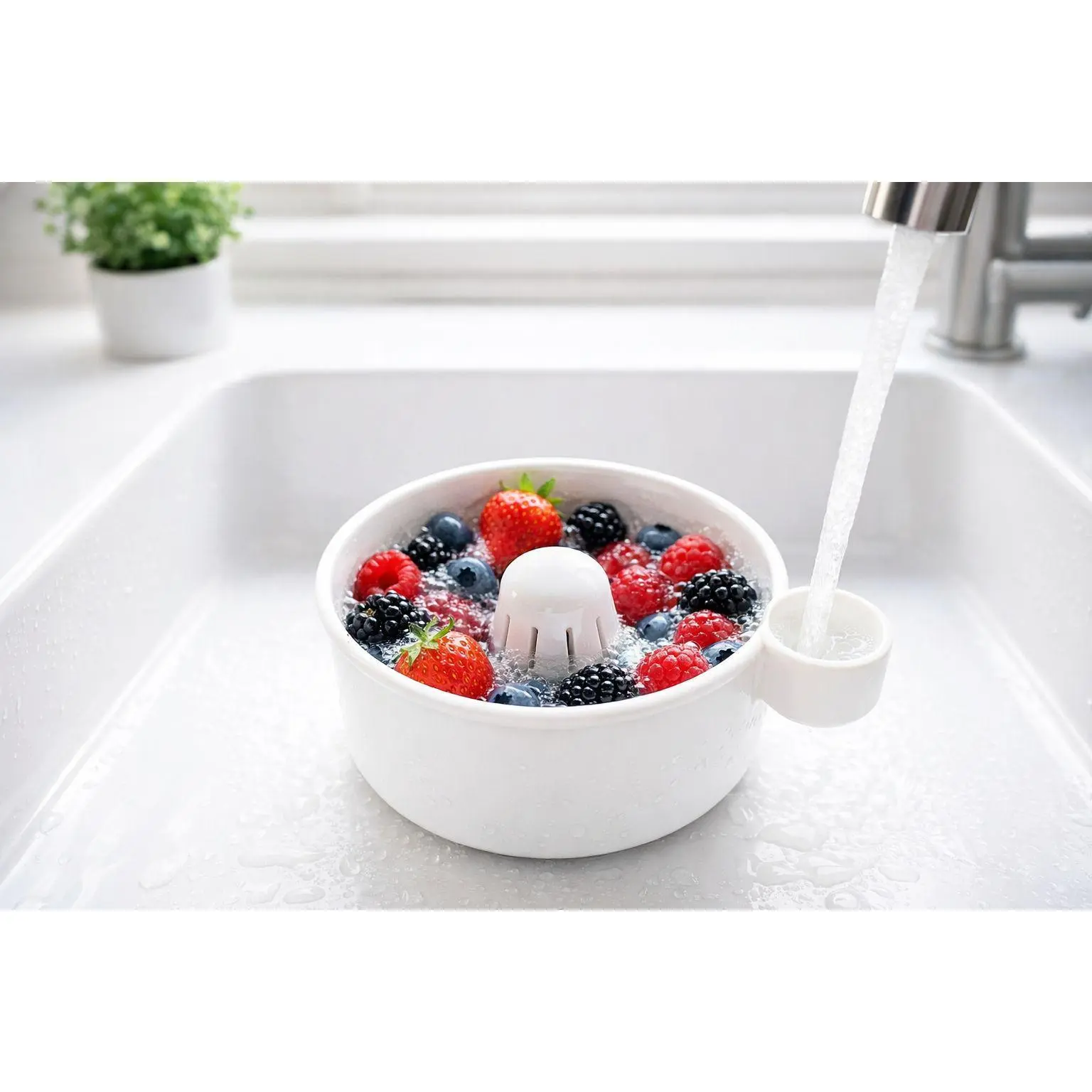 Kitchen Fruit and Vegetable Washer Bowl with Built-In Center Strainer, Integrated Strainer System, Deep Bowl Design, Easy-Grip Side Handle & Spin-Dry Function for Home Sink Use