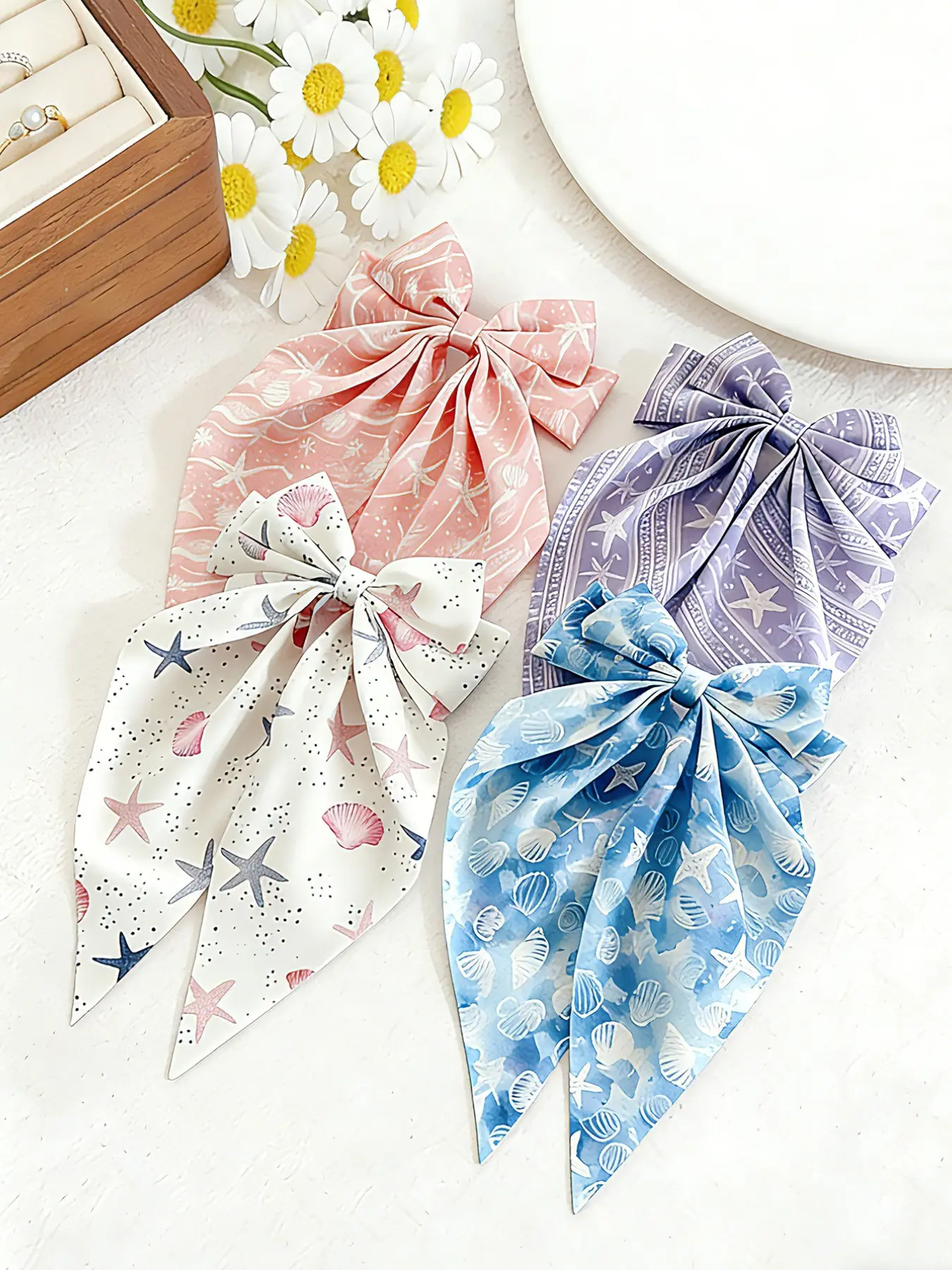 4pcs Spring Summer Sweet Starfish Shell Print Soft Fabric Bow Long Tail Hair Clips, Elastic Back Headband for Daily Wear Beach Vacation Use