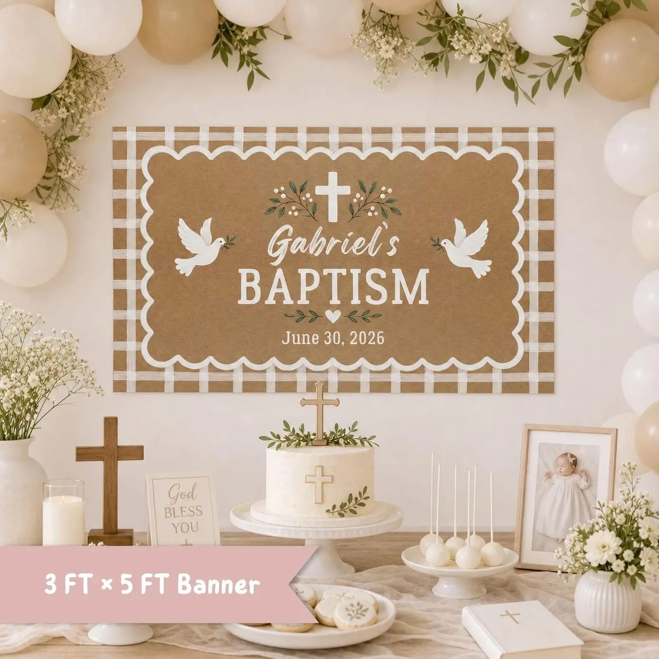 Baptism Banner, First Holy Communion Banner,  God Bless Sign, Christening Party Decor