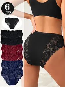 Women's Lace Panties Set of 6, Ultra Soft Breathable Fabric, Sexy Slim-Fitting High Cut, Natural Waist, All Seasons, S-Xxl, Breathable Comfy Panties, Lace Trim Briefs