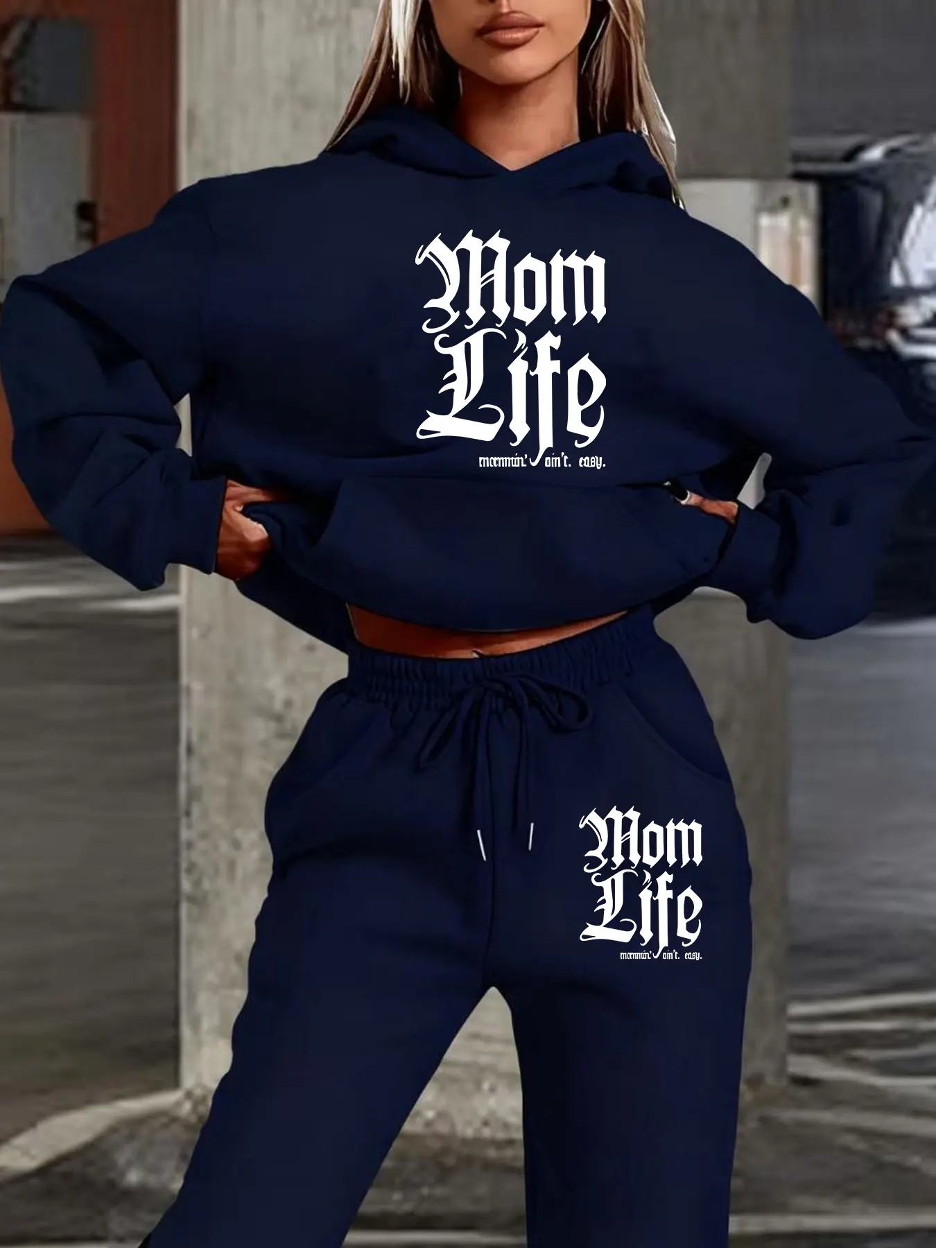 Women's Hooded Sweatshirt Set, Autumn Winter Gothic Text Print, Casual Vintage Style, Daily Wear, Parent-Child Outing, Commuting
