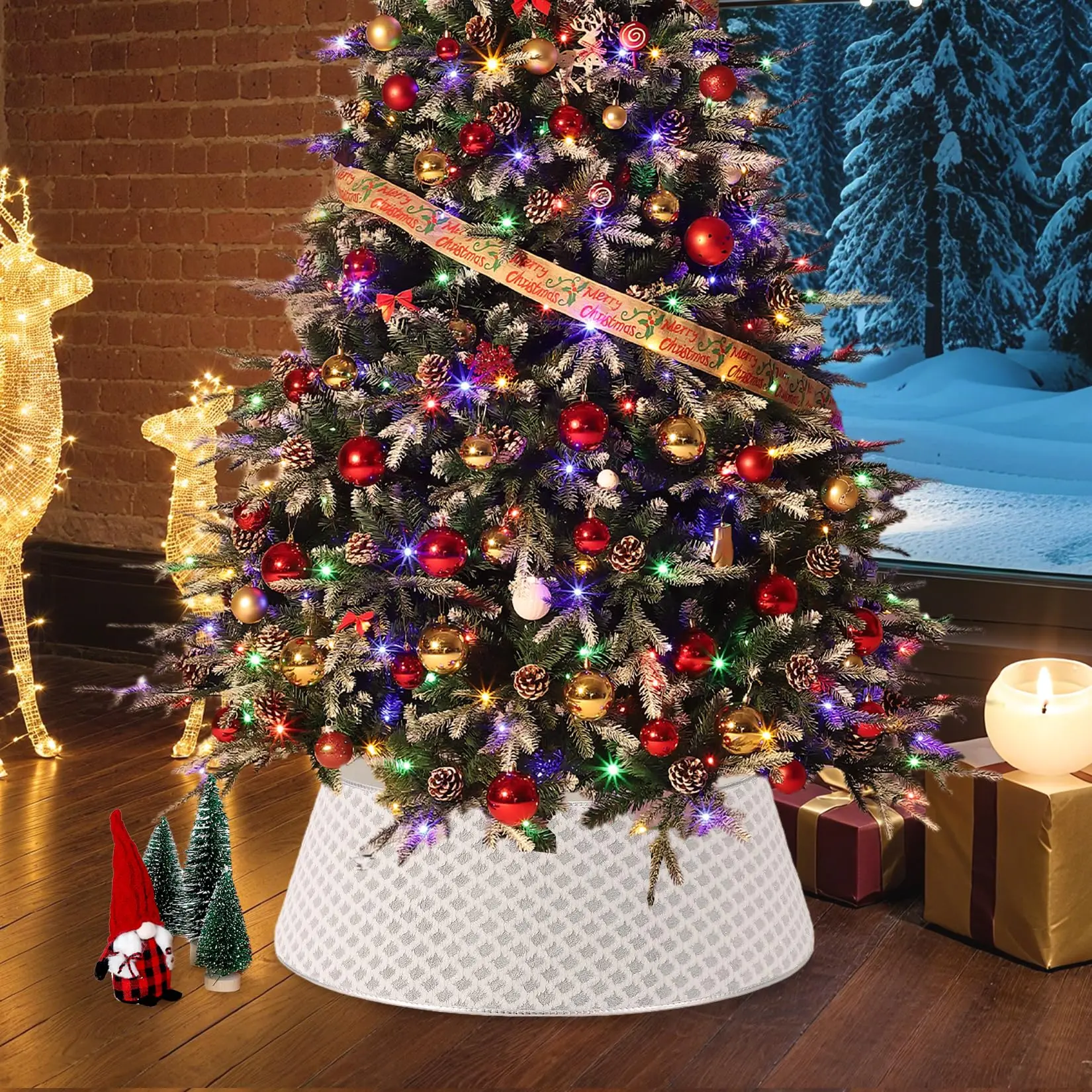 Silver 33" Quilted Christmas Tree Collar with 2 Clips, Soft Festive Holiday Tree Stand Base Cover – Holiday Skirt for Seasonal Home Decor