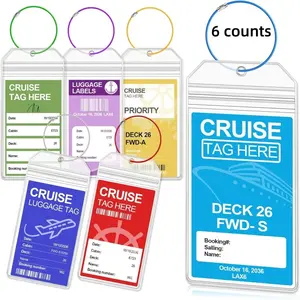 Cruise Luggage Tag Holder, 6 Pack Waterproof Clear PVC Tags, Reusable Travel Essentials, Steel Loop, Fits All Cruise Lines, Travel Accessories