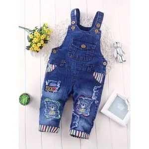 NewBoys' Embroidered Striped Pocket Denim Overalls - Spring Autumn Casual Pants, Hand Wash, Durable Children's Clothing, Fun Spring Outfit, Suitable for Activities