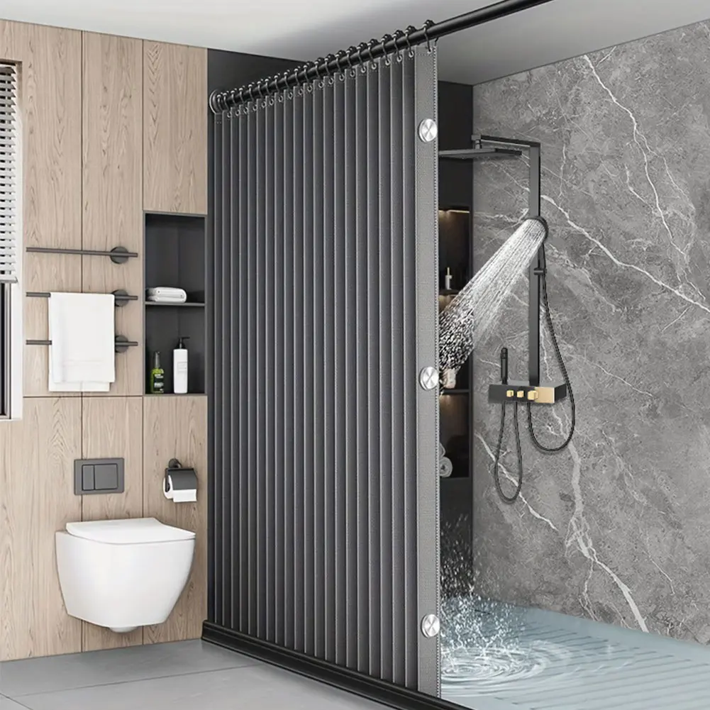 Modern Shower Curtain Set with Straight Wall-Mounted Rust-Resist Steel Rod, Foldable 3D Hang Magnetic Hold, Matte Flexible Waterproof Linen-Style Bathroom Accessory, Silicone Waterblock Strip, Easy Installation Bathtub Privacy Solution