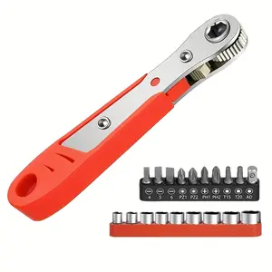 20Pcs 36-Tooth Mini Reversible Ratcheting Screwdriver Set, 10 Bits 9 Sockets, Phillips Slotted Hex Torx, L-Shaped Handle, Compact for Tight Spaces, Heavy Duty Multi-Function Repair Tool Kit with Red Steel Case