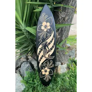 Mermaid and Hibiscus Decorative Surfboard Wall Plaque Mango Wood Coastal Decor 39"x 10"