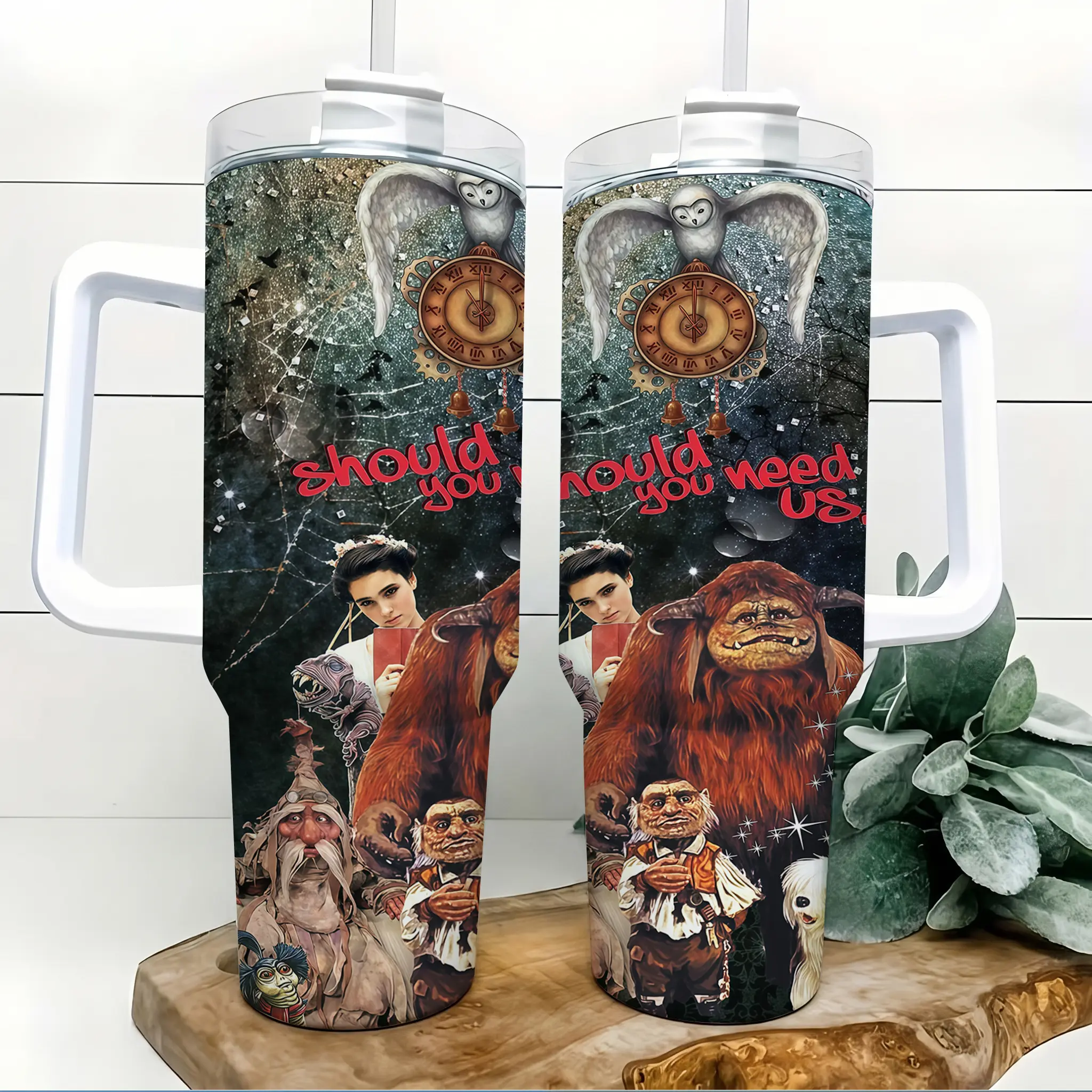 Dark Fantasy Maze Creature Inspired 40oz Insulated Tumbler with Handle and Straw Owl Clock Fairytale Adventure Collage Stainless Steel Water Bottle Travel Mug for Gym Car Commute Birthday Gift