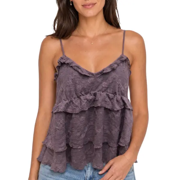 Women's Soft Mauve Purple Spaghetti Strap Layered Ruffle Camisole Top Tank