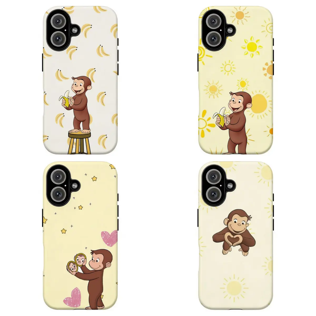 FL-Curious Georgeee Banana & Sun Phone Case, Cute Yellow Cartoon Monkey Protective Cover For iPhone 11 12 13 14 15 16 17 Air Pro Max for Samsung S26 S25 S24 S23 S22 S21 Case,Gift for her/him