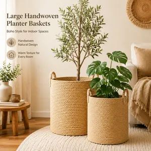 2 Pack  Woven Plant Pot Covers, Handwoven Water Hyacinth Plant Baskets with Handles, Decorative Planter Baskets for Indoor Plants, Fits Most Large Planters, Boho Rustic Style Home & Garden Decor(Small+big)