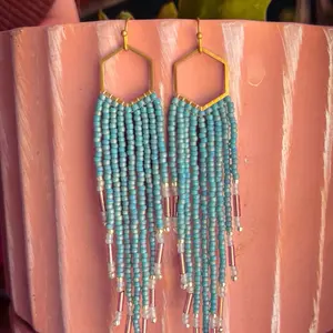 Teal Rainbow Brass Pendant Seedbead Earrings Handmade, Med Length, Unique Design with Colorful Beads cute earring woman earring handmade earring women jewelry Horizontal Stripe