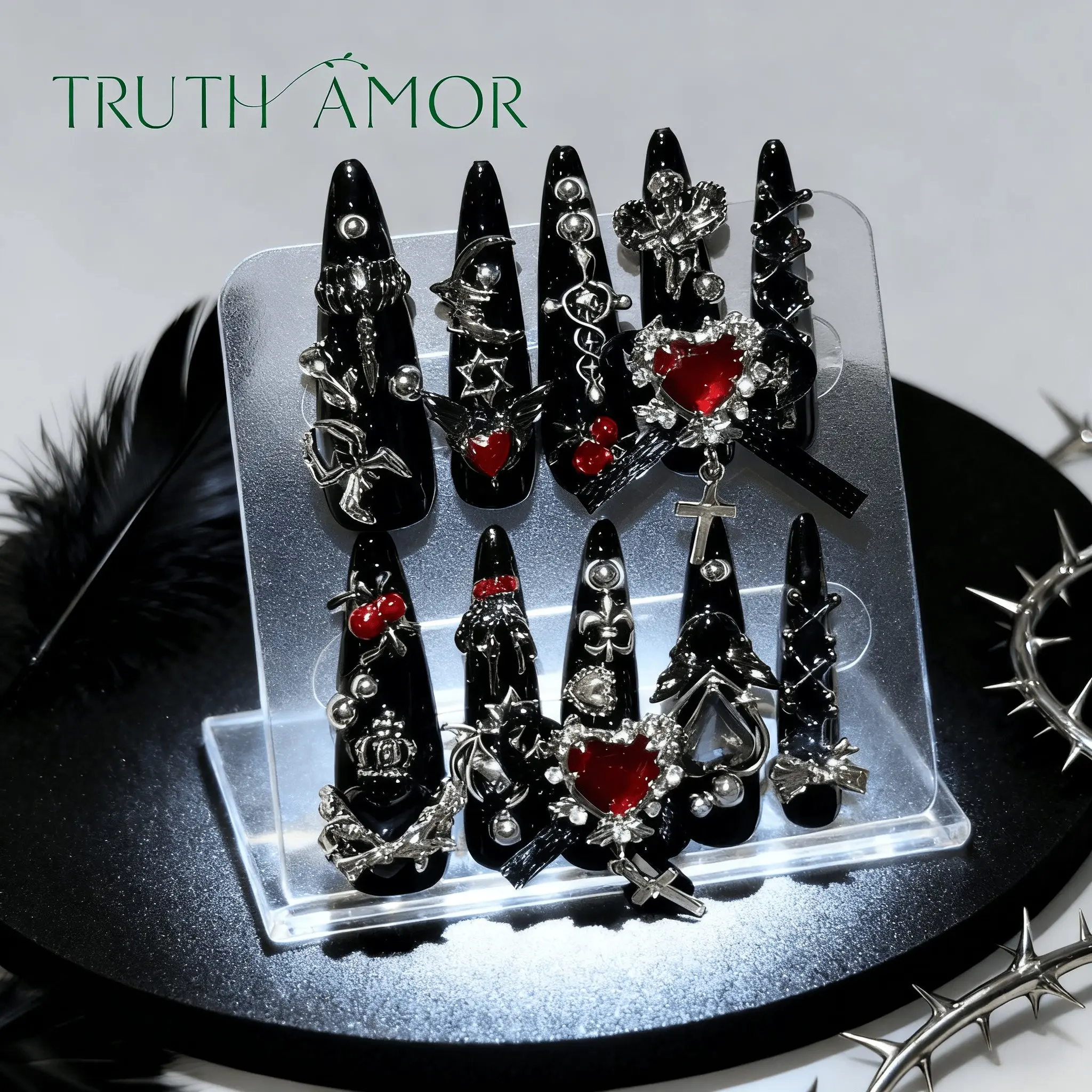 10Pcs Y2K Gothic Press On Nails TRUTH‑AMOR Long Almond Fake Nails Black Base With Red‑Heart & Cross Metal Charms Reusable For Daily Street‑Wear Nail‑Art Gift