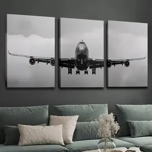 Three large black-and-white airplane flight art pieces, ready-to-hang framed canvas prints and posters, perfect home decor wall art, high-definition printing, suitable for living rooms, bedrooms, dining rooms, and office decoration