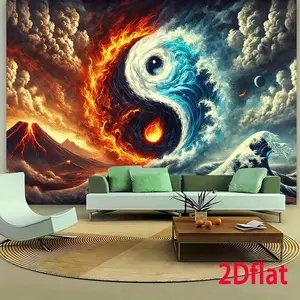 Large Fire and Ice Yin Yang Tapestry - Vibrant Tai Chi Wall Hanging with Cosmic Design, Black and White Peach Skin Fabric, Perfect for Living Room, Bedroom, or Office Decor, Room Decoration, Bedroom Wall Art |       Cosmic Theme Decor |       Durable Poly